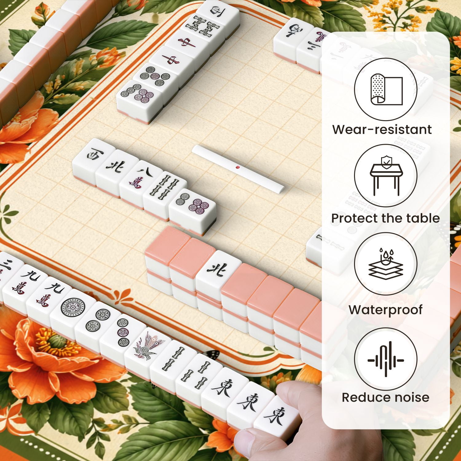 Mahjong Mat 31.5" x 31.5" Orange Peony Green Bird Floral Frame Butterflies Non-Slip Noise Reduction Mahjong Tiles Table Cover for Dominoes Poker Card Board and Tile Games