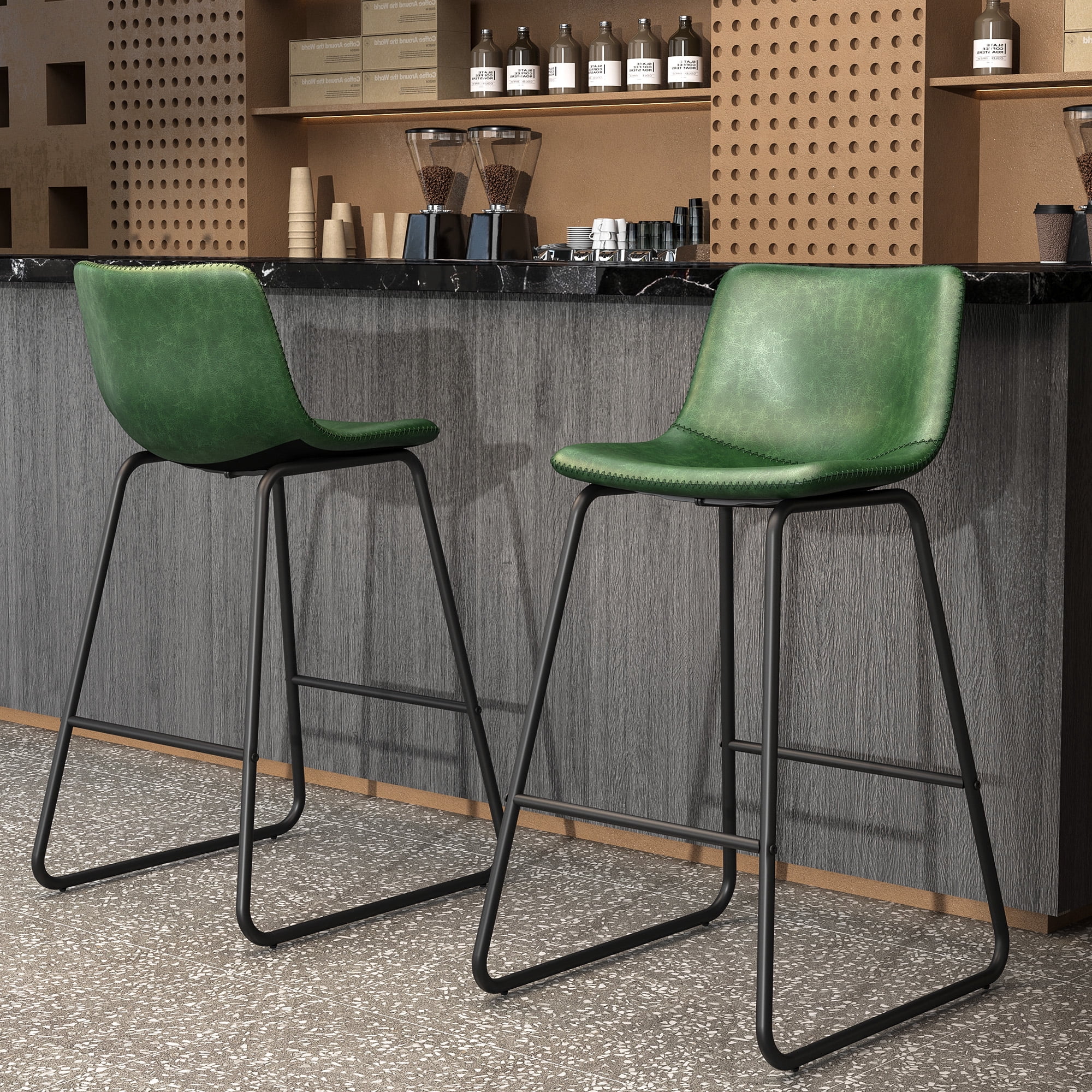 GIKPAL Bar Stools 26" Faux Leather Counter Height Barstools with Back Set of 2, Modern Counter Stools with Metal Legs and Footrest, Armless Chairs with Back for Kitchen Living Room Pub, Green
