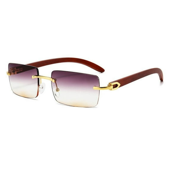 Rectangle Burgundy Gradient Tint Rimless Men Women Gold Frame Woodgrain Square Shades 90s Retro Sunglasses