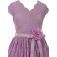 thumbnail image 2 of Big Girl Cap Sleeve V Neck Flower Border Stretch Lace Corsage Belt Flower Girl Dress (20JK66S) Lilac 14, 2 of 4
