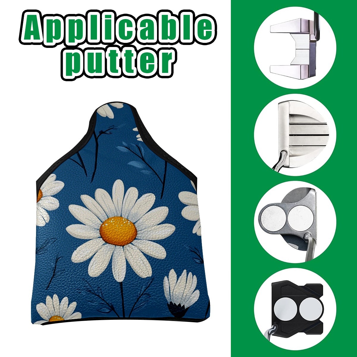 Golf Mallet Putter Cover Premium Leather Waterproof Golf Putter Head Cover with Magnetic Closure White Yellow Daisies