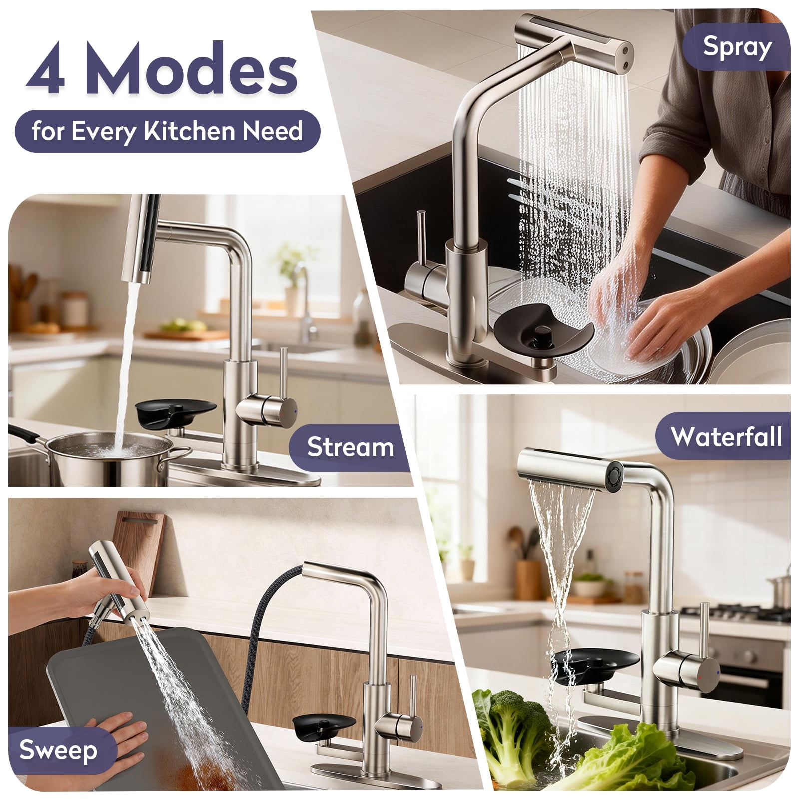 KAIYING Pull Down Kitchen Faucet with Integrated Glass Rinser and Waterfall Mode, Brushed Nickel