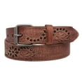 thumbnail image 2 of 1 1/4" Snap On Embossed Floral Leaf Perforated Vintage Soft Cowhide Full Grain Thick Leather Casual Jean Belt, 2 of 3