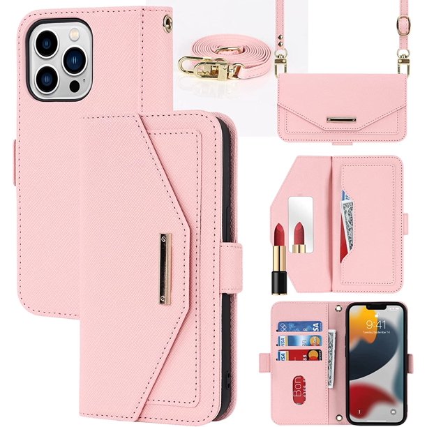 Cartera cruzada para iPhone 13 Pro Max con correa ajustable para tarjetas de crédito de 6.7", bolso de mano de piel sintética, soporte para teléfono, espejo de maquillaje, funda para hombre, mujer y