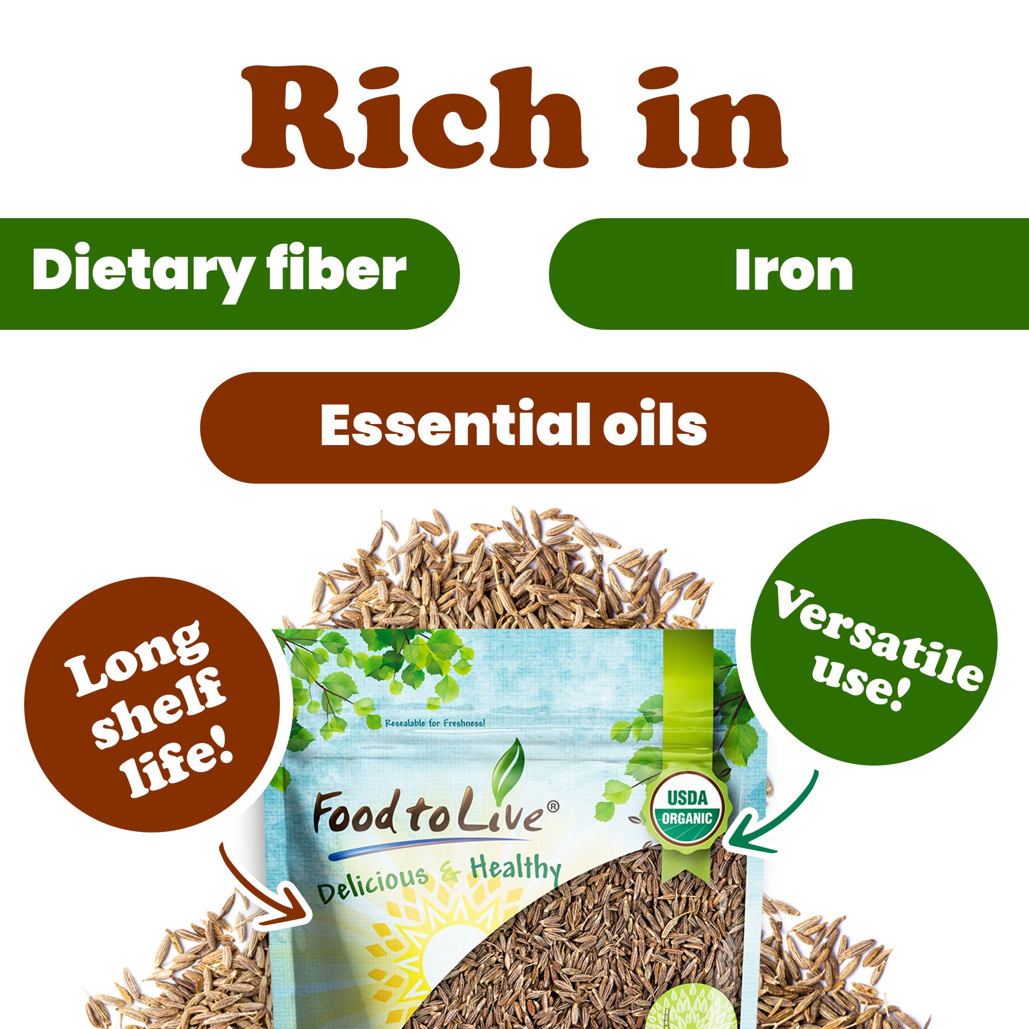 Organic Cumin Seeds, 2 Pounds – 100% Natural, Non-GMO, Aromatic Seasoning, Perfect for Spices, Baking and Pickling, Vegan, Kosher, Bulk — by Food to Live