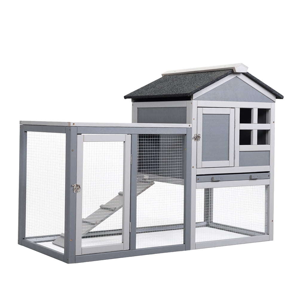 Kepooman 2 Tier Wooden Rabbit Cage, Chicken Coop, Small Animal Pet House, Flip Top Rabbit Cage, Gray