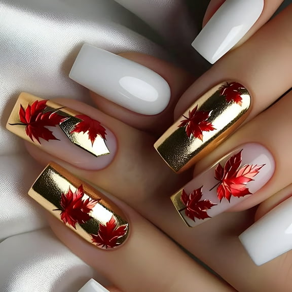 RAGUPEL 24x Fall Stick on Nail Maple Leaf False Nail Press On Nail for Autumn Winter