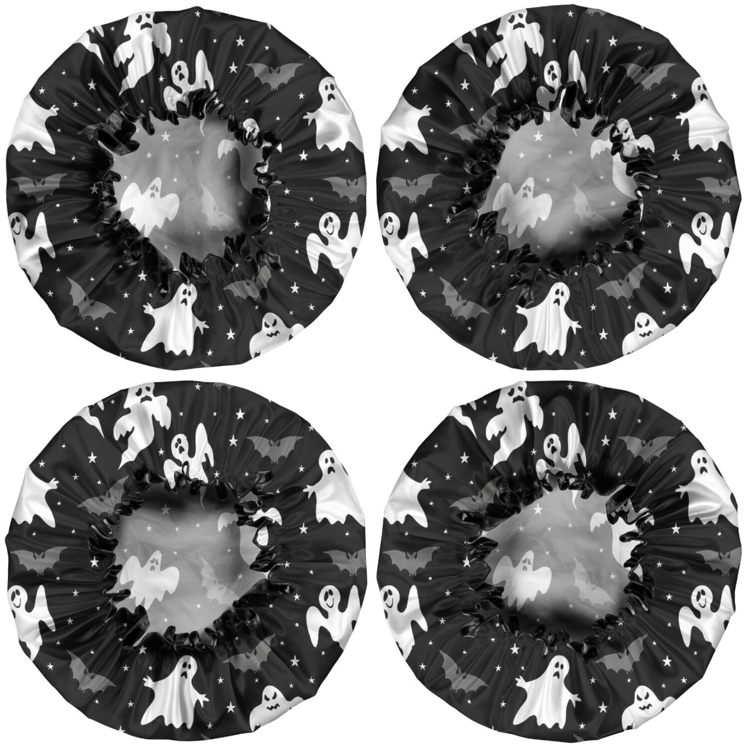 Shower Caps,Black Halloween Ghosts Bats and Stars Waterproof Shower Cap for Women 4 Pieces,Double Reusable Hair Cover for Shower PEVA Elastic Stretch Hem
