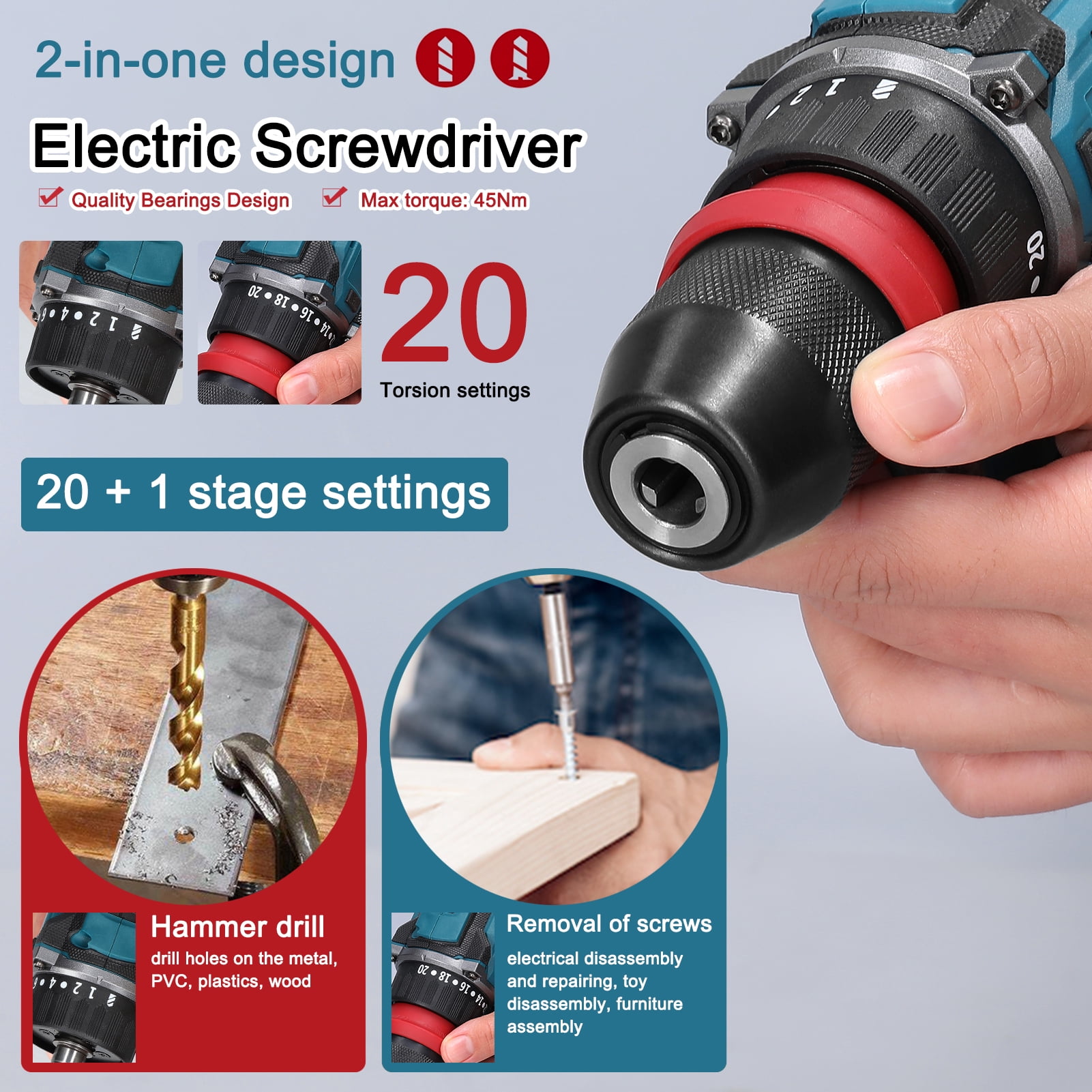 Screwdriver 18V 2in1 Lithium Drill Electric Screwdriver Multi-function Power Tool 45Nm Torque Brushless Motor Practical Screw Driver For Home Appliances Furniture Installation