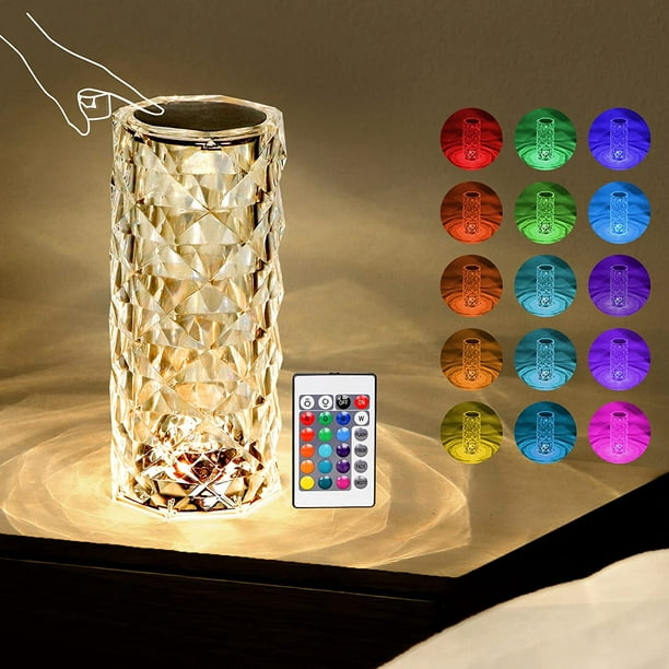 Lampe de Table en Diamant en Cristal, 16 Couleurs Usb Charge Lampe de  Chevet Veilleuse avec Télécommande 