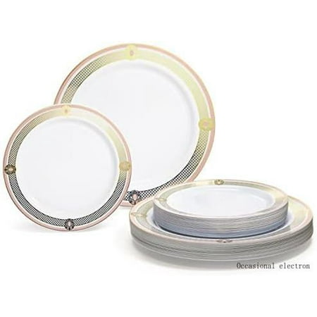 

OCCASIONS 240 Plates Pack (120 Guests) Premium Wedding Party Disposable Plastic Plates Set -120 X 10.25 Dinner 120 X 7.5 Salad/Dessert (Royal In White/Blush & Gold)