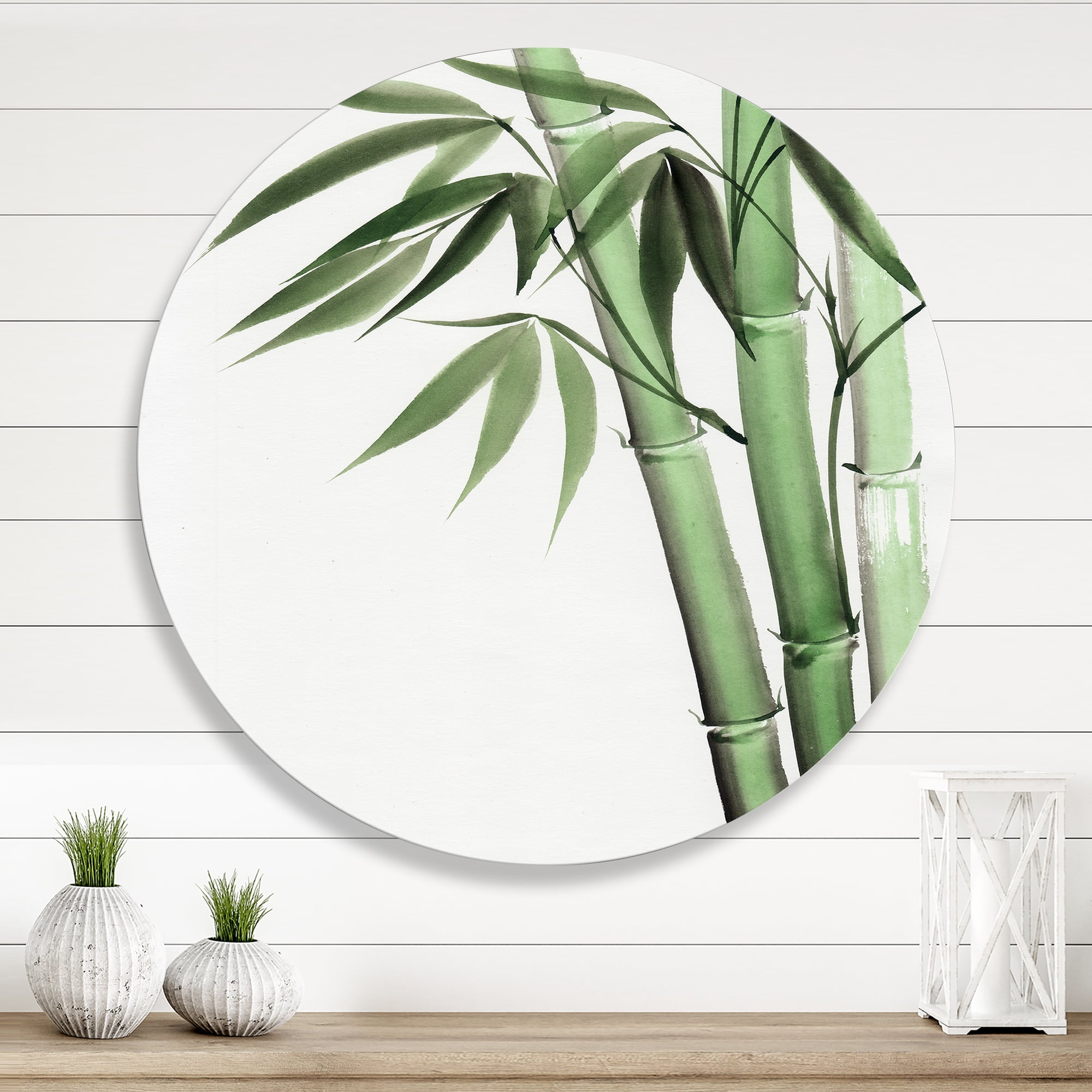 Designart 'Palm Bamboo Detail On White II' Traditional Circle Metal Wall Art 11x11 - Disc of 11
