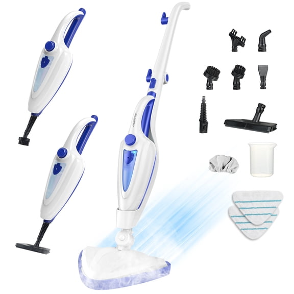 Steam Mop 12-in-1, 1500W Detachable Handheld Steam Cleaner, Fast 15s Heat-up, 2 Dirt Grip Pads, Removes 99.99% Stubborn Stains for Hardwood Floors, Clothes, Windows, Tiles, Furniture, Blue