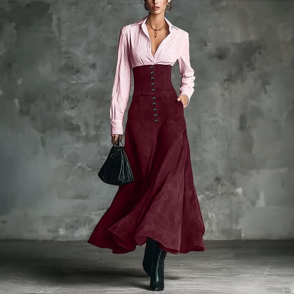 Sentmoon Women Fall Dresses Striped Print Long Sleeve Collared Plus Size Formal Dresses for Women Patchwork Relaxed Fit Midi Dress