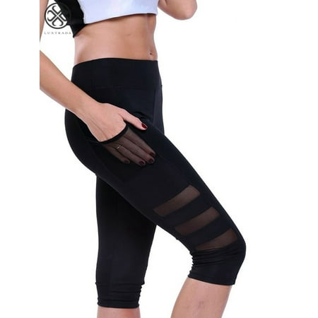 Luxtrada Women's Hight Waist Yoga Pants Mesh Running Pants Capri with Side Pockets Tummy Control Workout Sports Leggings 