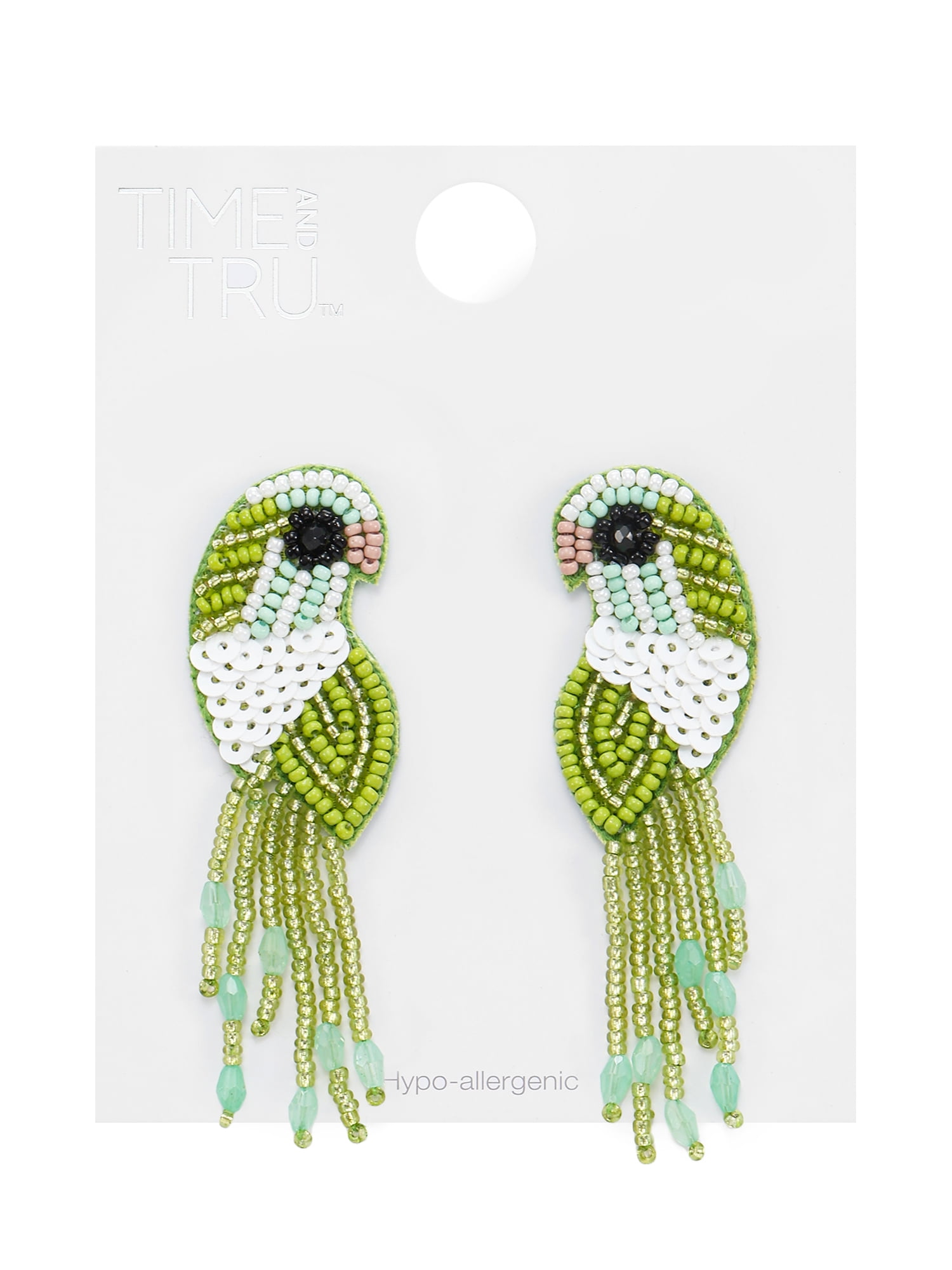 Time and Tru Green Beaded Bird Earrings, 1 Pair