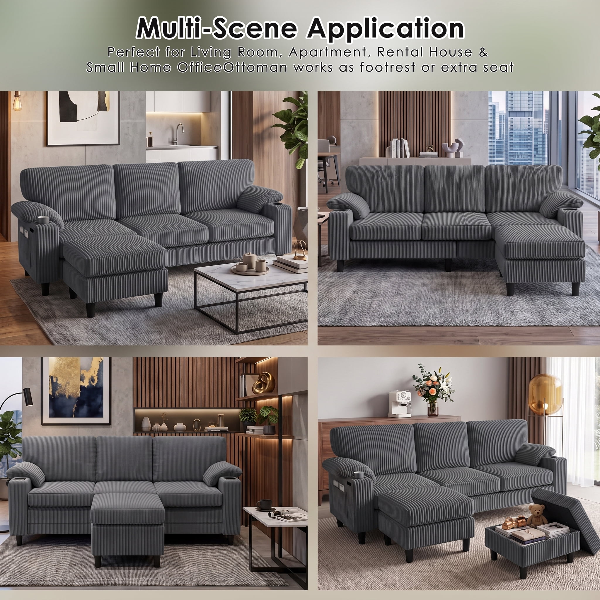 Anpport 80" L‑Shaped Corduroy Sectional Sofa, 3‑Seater Couch with Storage Ottoman, USB Port & Cup Holders for Small Spaces, Dark Gray