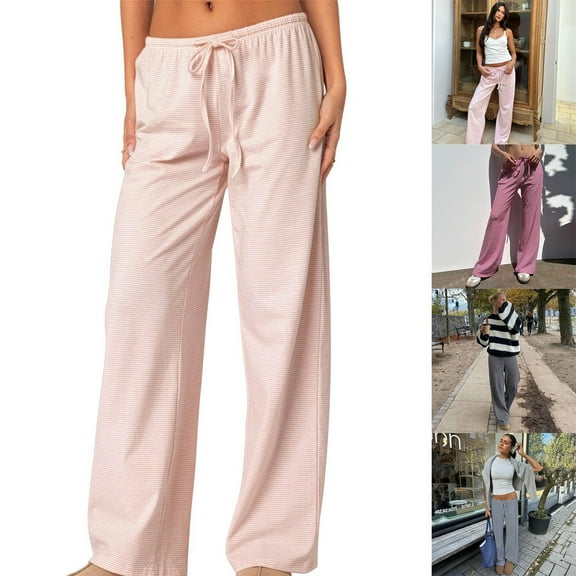 Women's Low Rise Striped Lounge Pants with Drawstring Waist Comfortable Wide Leg Trousers for Relaxing at Home