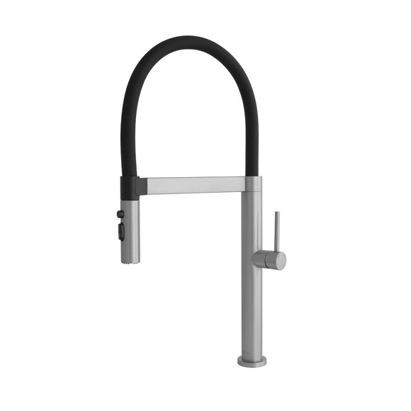 Stylish Single Handle 20 ⅞" Ht Brushed Stainless Steel with Black Spout Hose Pull Out Three Modes Kitchen Faucet K-140S