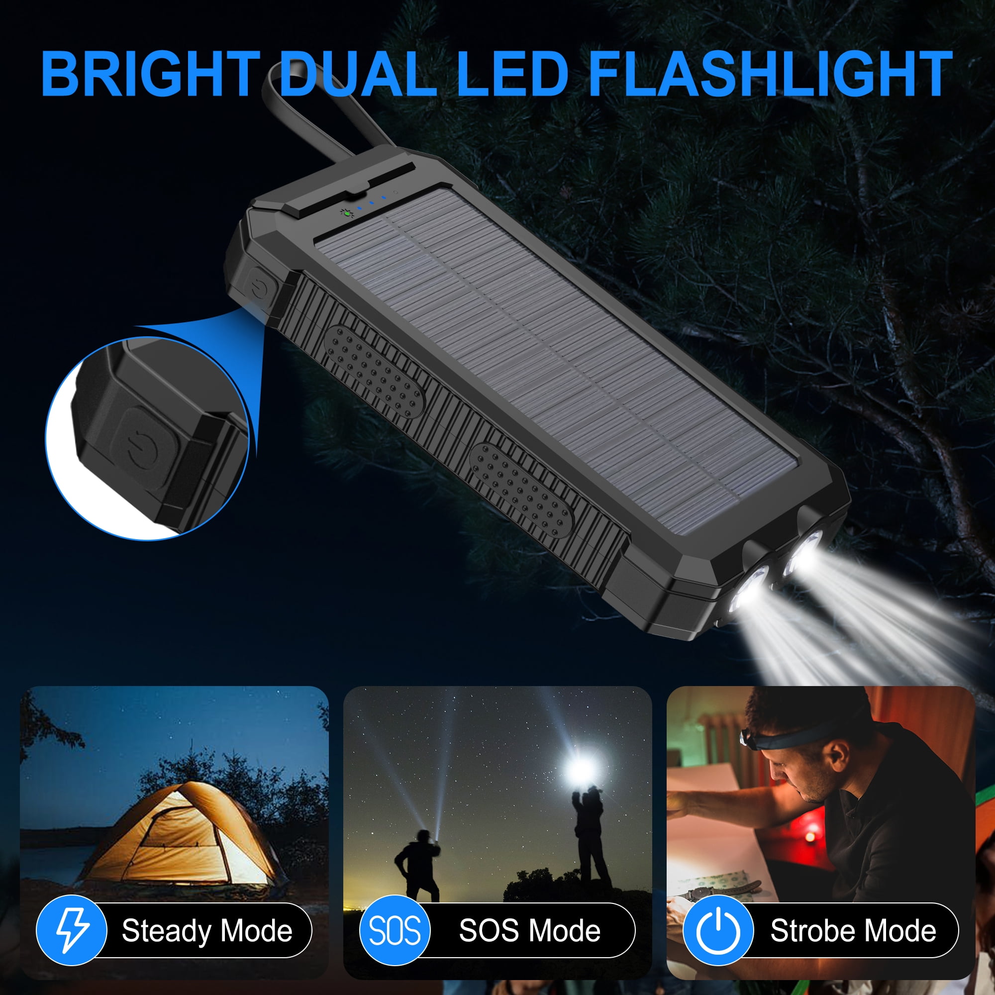 OWNTECH 20000mAh Solar Power Bank, QC3.0 Fast Charging, Dual USB Ports with Built-in LED Flashlight  Portable Solar Charger for All Smartphones and Apple Watch