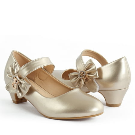 

ADAMUMU Girls Low Heel Shoes PU Princess Dress Up Shoes Sweet Bow Slip on Flat Mary Jane Shoes for Wedding Party Birthday Gold Size 13