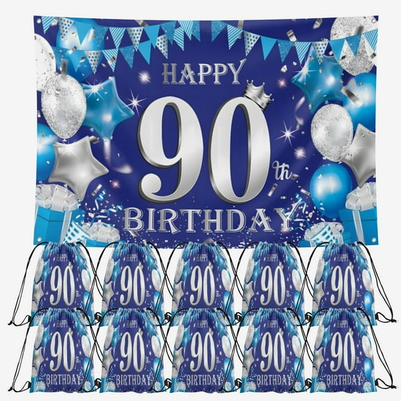 OdeJous Happy 90th Birthday Party Supplies,10 Pieces Happy 90th Birthday Candy Drawstring Bag Include Birthday Backdrop 7x5FT, Drawstring Goodie Favor Bags for Birthday Party Decorations(10.6 x 13.3