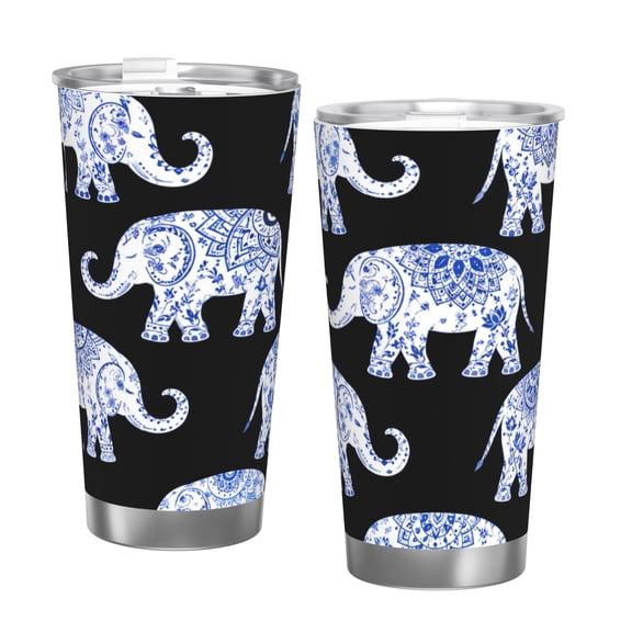20oz Tumbler with Handle Blue White Elephant Mandala Travel Cup Stainless Steel Insulated Car Cup Coffee Cup Gift with Single Silver Rim