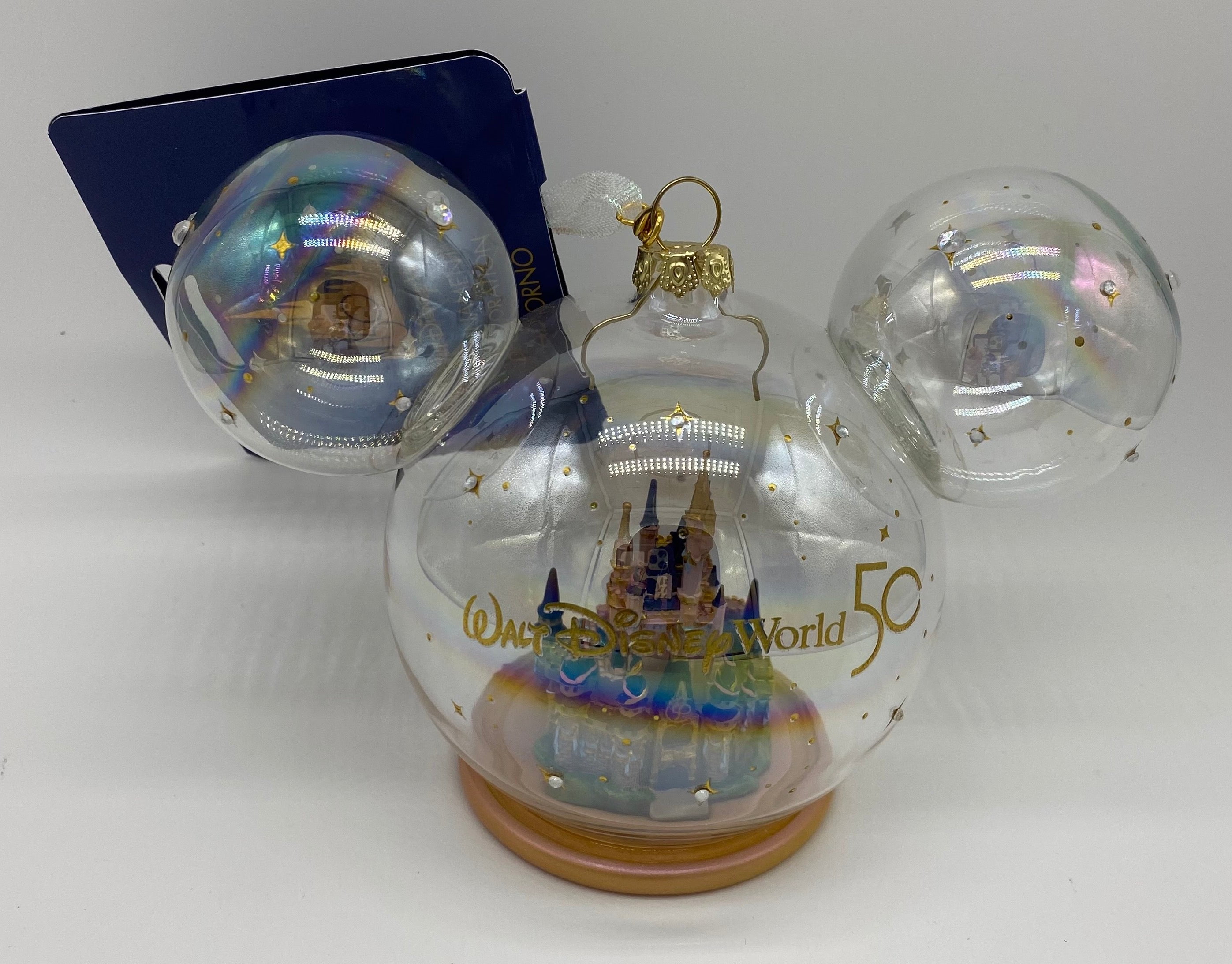 Disney World 50th Anniversary 4 parks outlets glass Mickey ears ornament