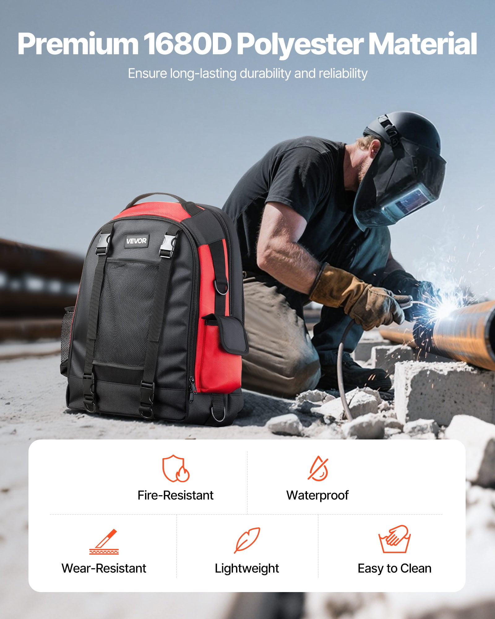 VEVOR Welding Backpack, 25.2L Welder Backpack for Tools and Helmet, 1680D High-Density Polyester Extreme Gear Pack with Helmet Bag, Multi-Purpose Gear Storage Bag for Welding, Outdoor Camping