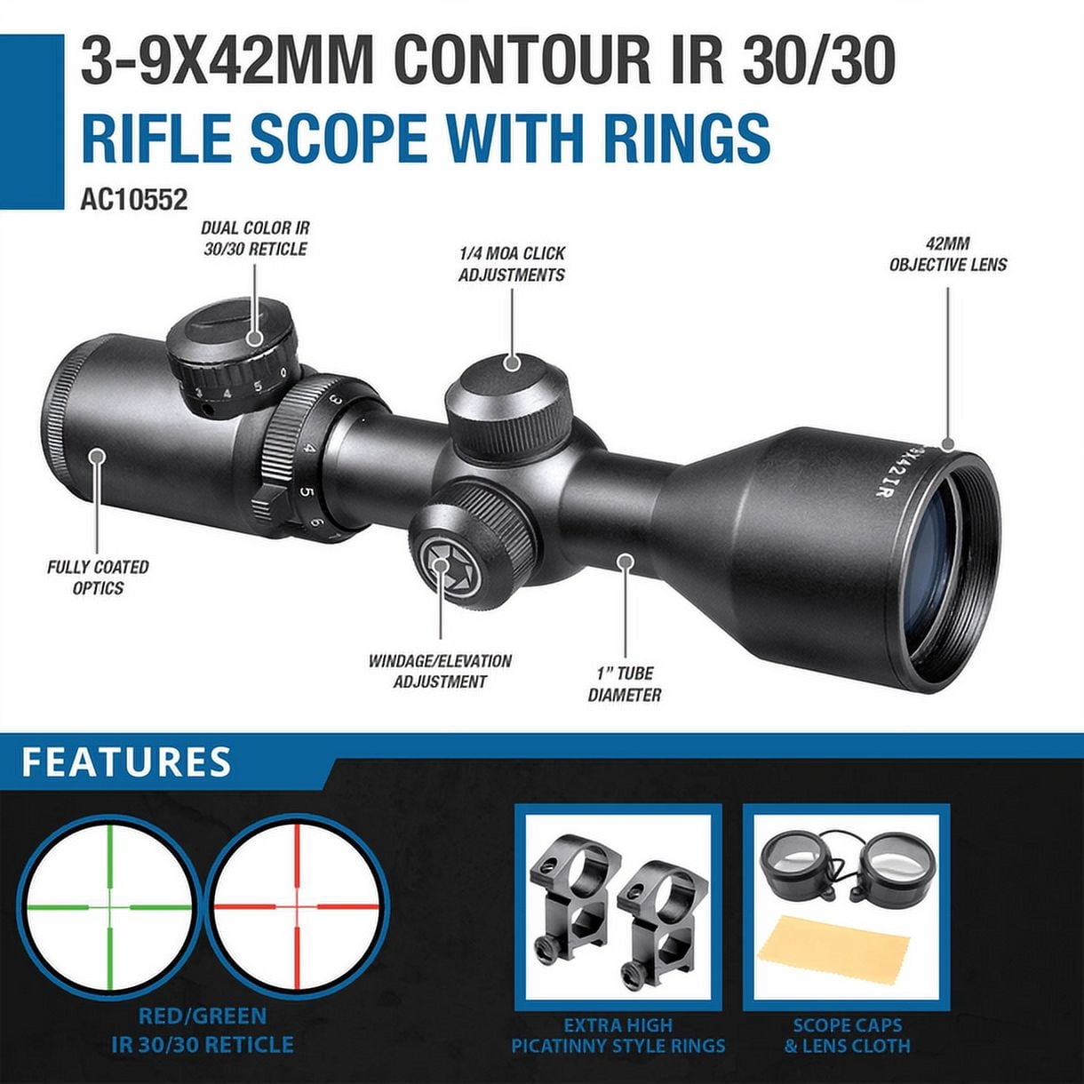 Barska 3-9x42 IR Contour 30/30 Rifle Scope with Rings