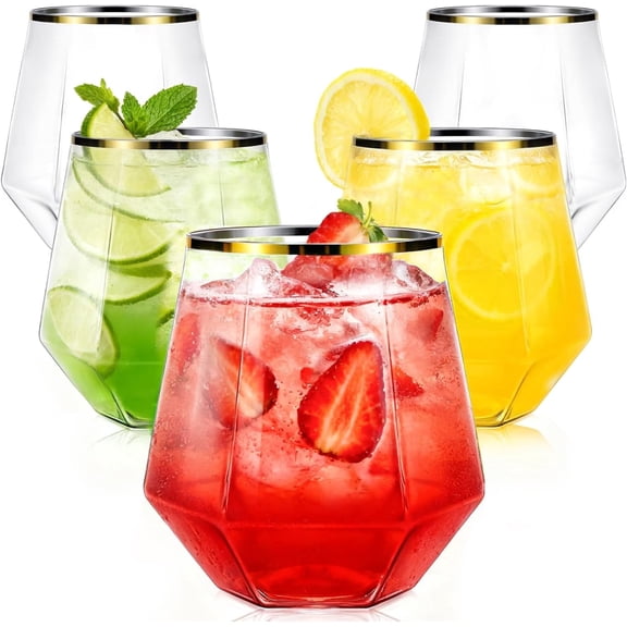40 Pack Plastic Cups, 12 Oz Gold Rim Disposable Wine Glasses for Cocktail Whiskey Champagne, for Party Bars Wedding Tasting (Diamond-Shaped)
