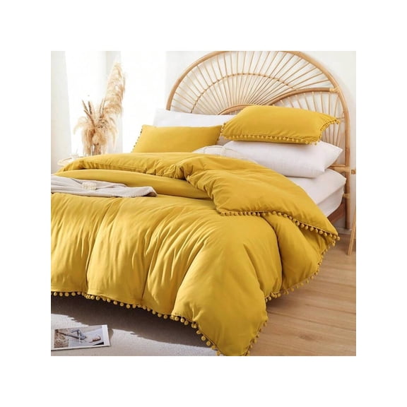 Queen Comforter Set Comforter Queen Size Sets With Ball Pom Fringe Soft Bedding Set For All Seasons 3 Pieces 1 Comforter 90x90 2 Pillow Shams (20x26) Mustard Yellow