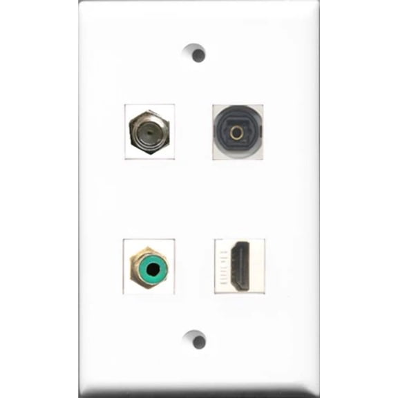 RiteAV 1 Port HDMI and 1 Port RCA Green and 1 Port Coax Cable TV- F-Type and 1 Port Toslink Wall Plate