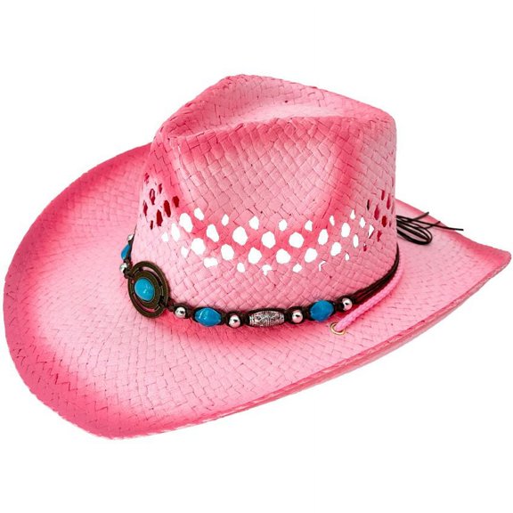Kool Kids Pink Tea Stain Straw Cowboy Hat with Turquoise Blue Beads, Western