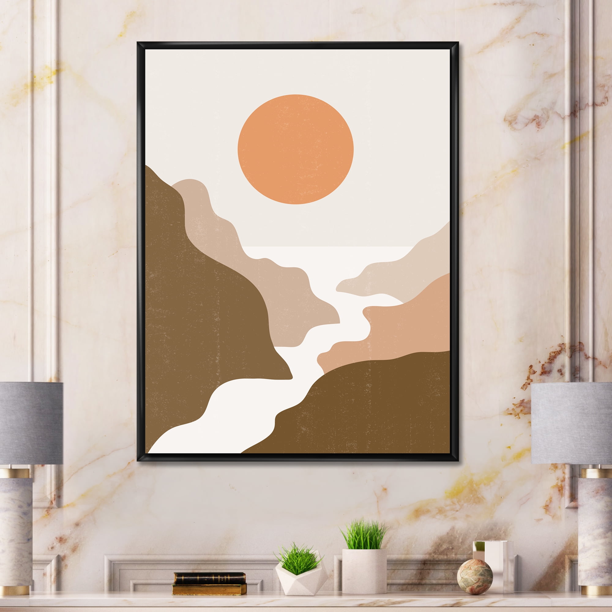 Designart 'Full Moon In Terracotta Tones Mountains' Modern Framed Canvas Wall Art Print
