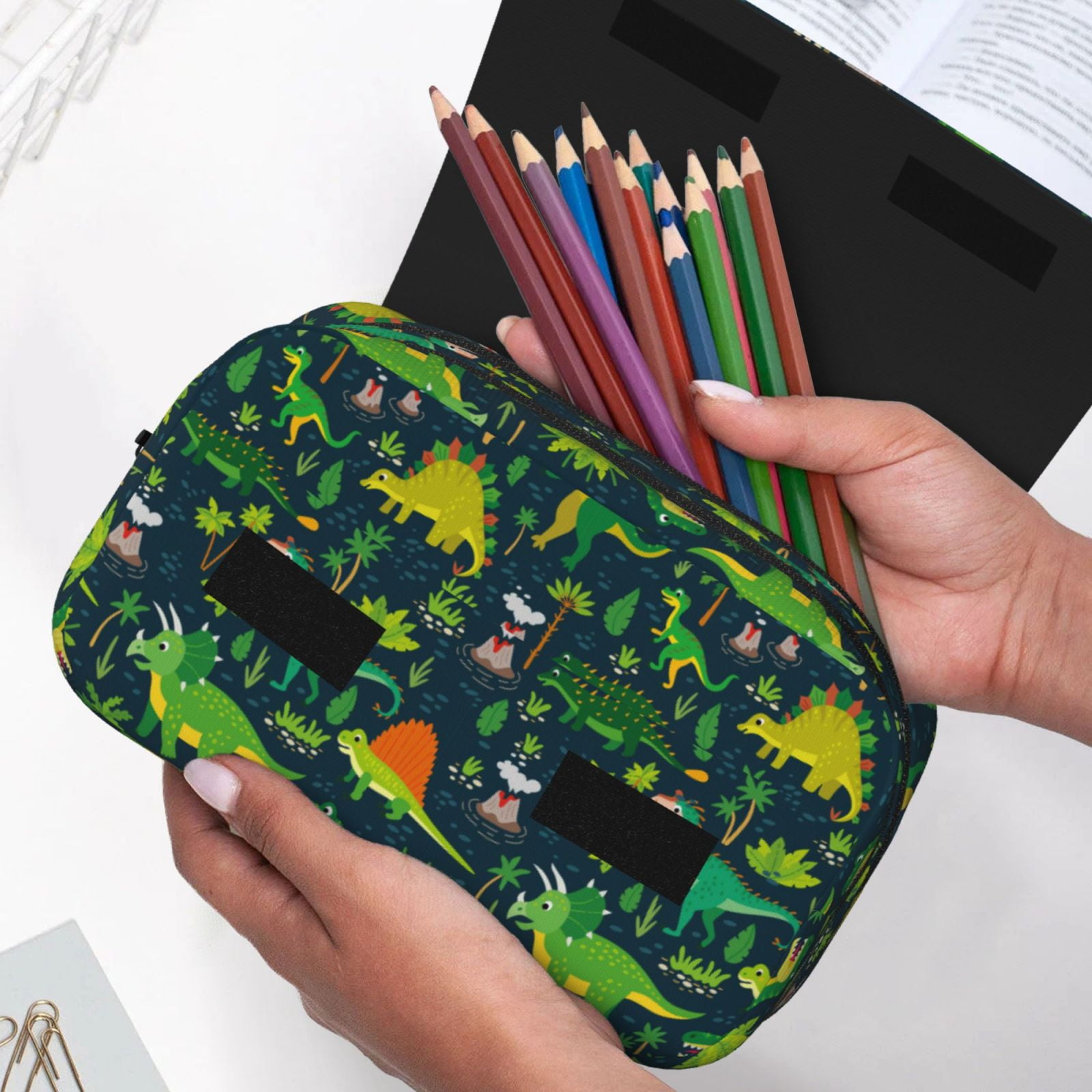 Rateoe Dinosaurs Pattern Double Clamshell Pen Case, Storage Organizer with Two Zipper Compartments– Holds Up to 50 Pencils & Pens