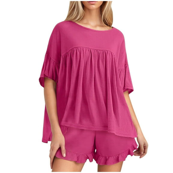 Summer Savings Akafmk Women's Summer 2 Piece Outfits Lounge Sets,Round Neck Short Sleeve Blouses Tops and Ruffled Hem Wide-Leg Shorts Solid Color Women Sets Clothing Outfit