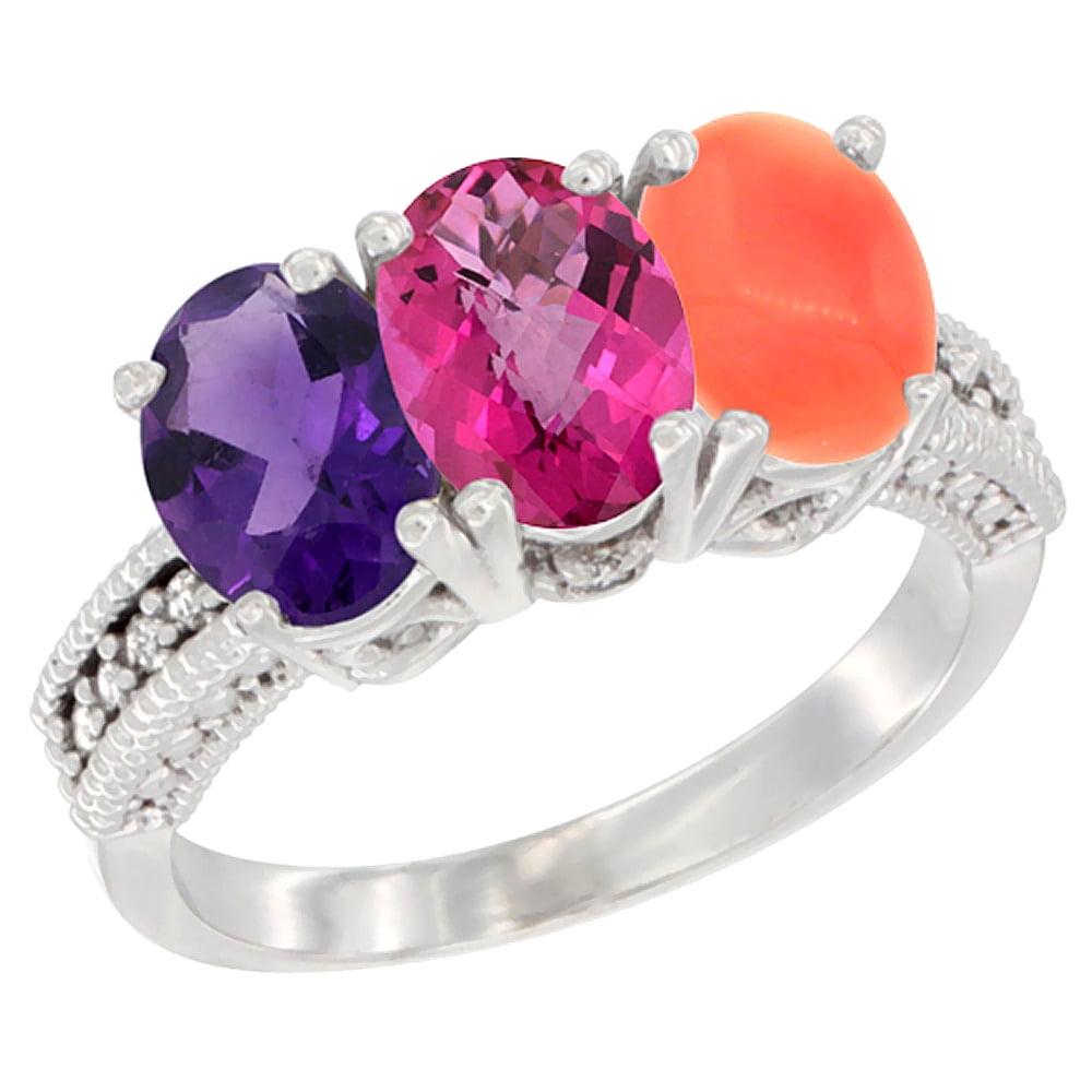 10K White Gold Natural Amethyst, Pink Topaz & Coral Ring 3-Stone Oval 7x5 mm Diamond Accent, sizes 5 10 by WorldJewels
