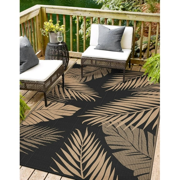 Outdoor Rug 5’x8’ Waterproof for Patio Clearance, Reversible Indoor Outdoor Plastic Straw Camping Rug Carpet, RV Mat, Large Area Rug for Deck, Backyard, Balcony, Porch, Beach, Black & Brown