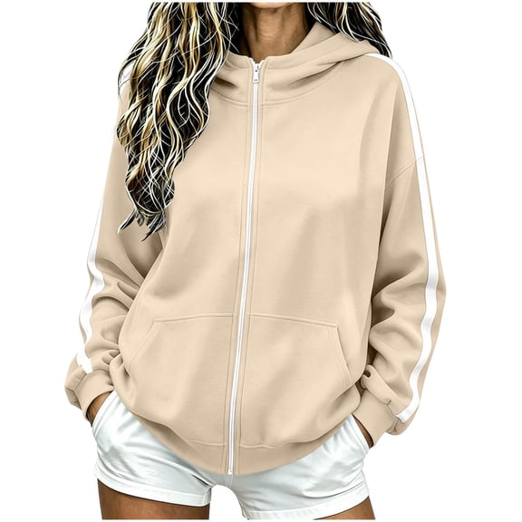 Qgtaibl Women's Full Zip Hooded Sweatshirt Side White Stripe Design Long Sleeve Jacket Thin Fleece Fall Athletic Hoodie Coat for Running Hiking Gym Khaki M