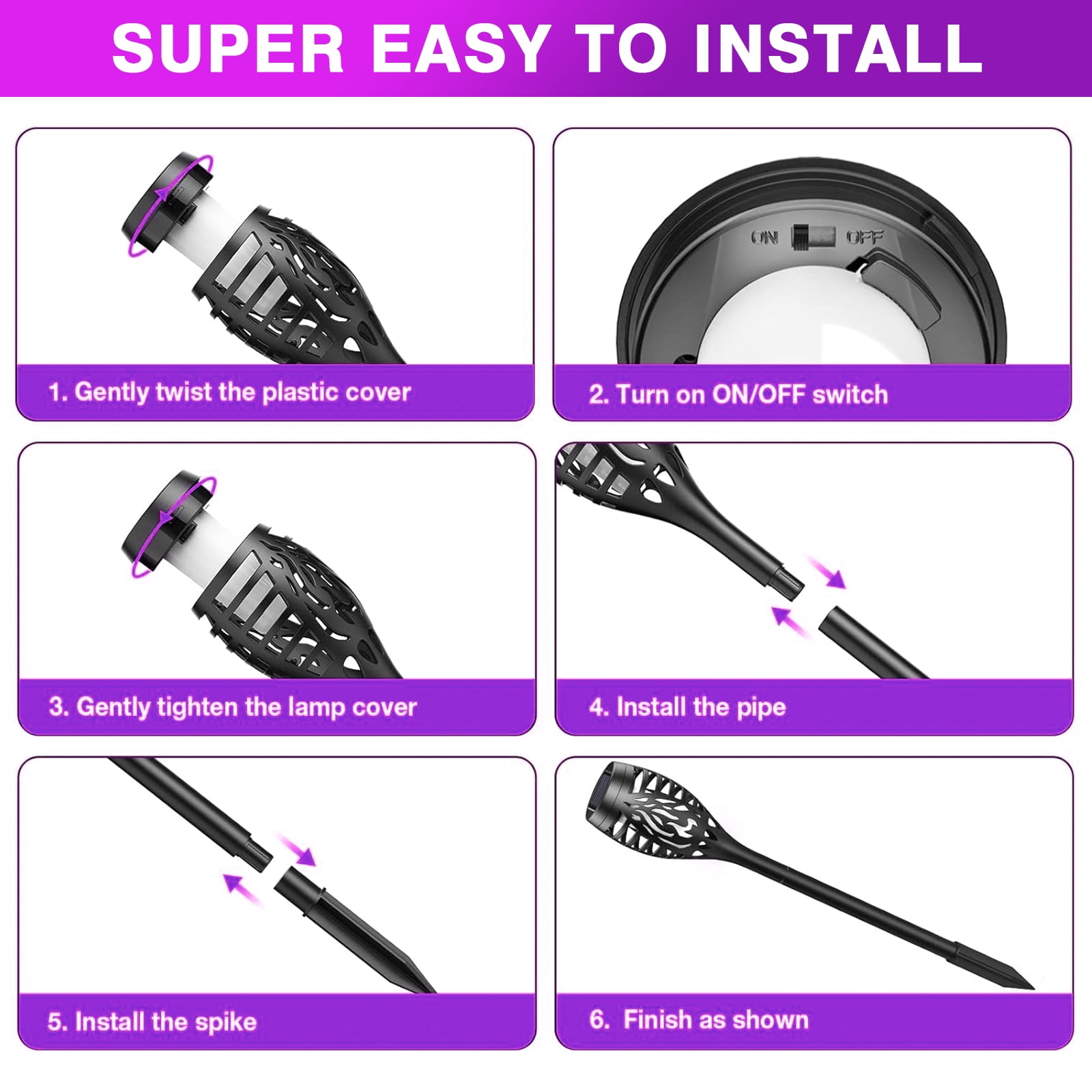 Solar Powered Outdoor Lights, 12PK Flickering Flame Solar Lights Outdoor Pathway, Solar Tiki Torches with Flickering Flame, Solar Garden Light Waterproof for Yard Decor, Landscape, Patio, Purple LED