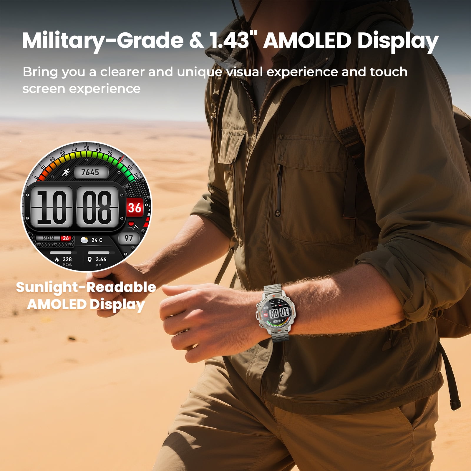 WalkerFit Smart Watch for Men, 1.43" AMOLED, 5ATM Waterproof, Bluetooth Call, Long Battery