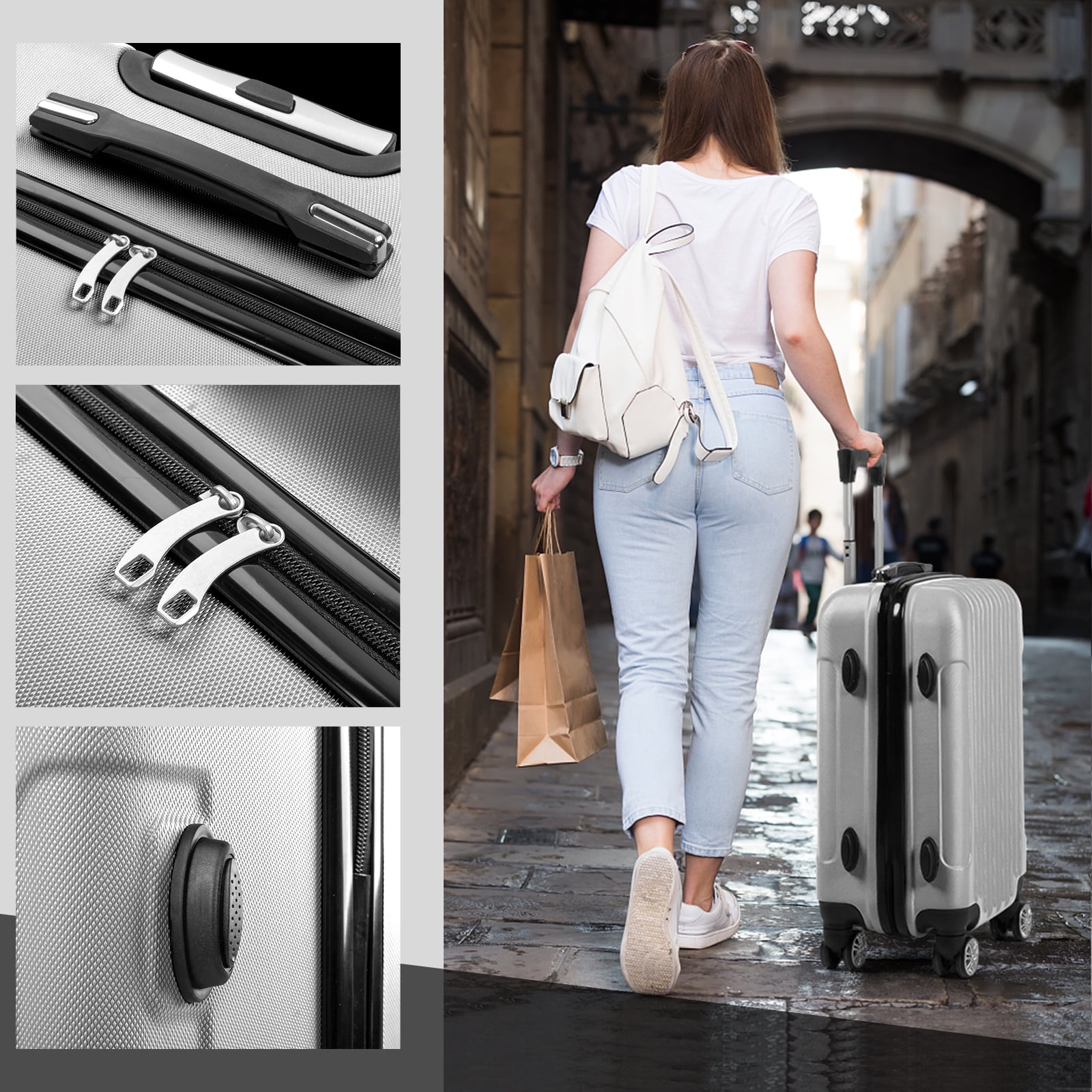 Zimtown 3 Piece Nested Spinner Suitcase Luggage Set With TSA Lock Gray