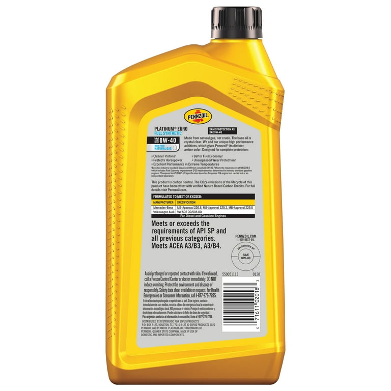 ペンズオイル プラチナムユーロ 0w40 1ボトル Pennzoil Platinum Euro Full Synthetic 0W-40 Motor Oil, 1