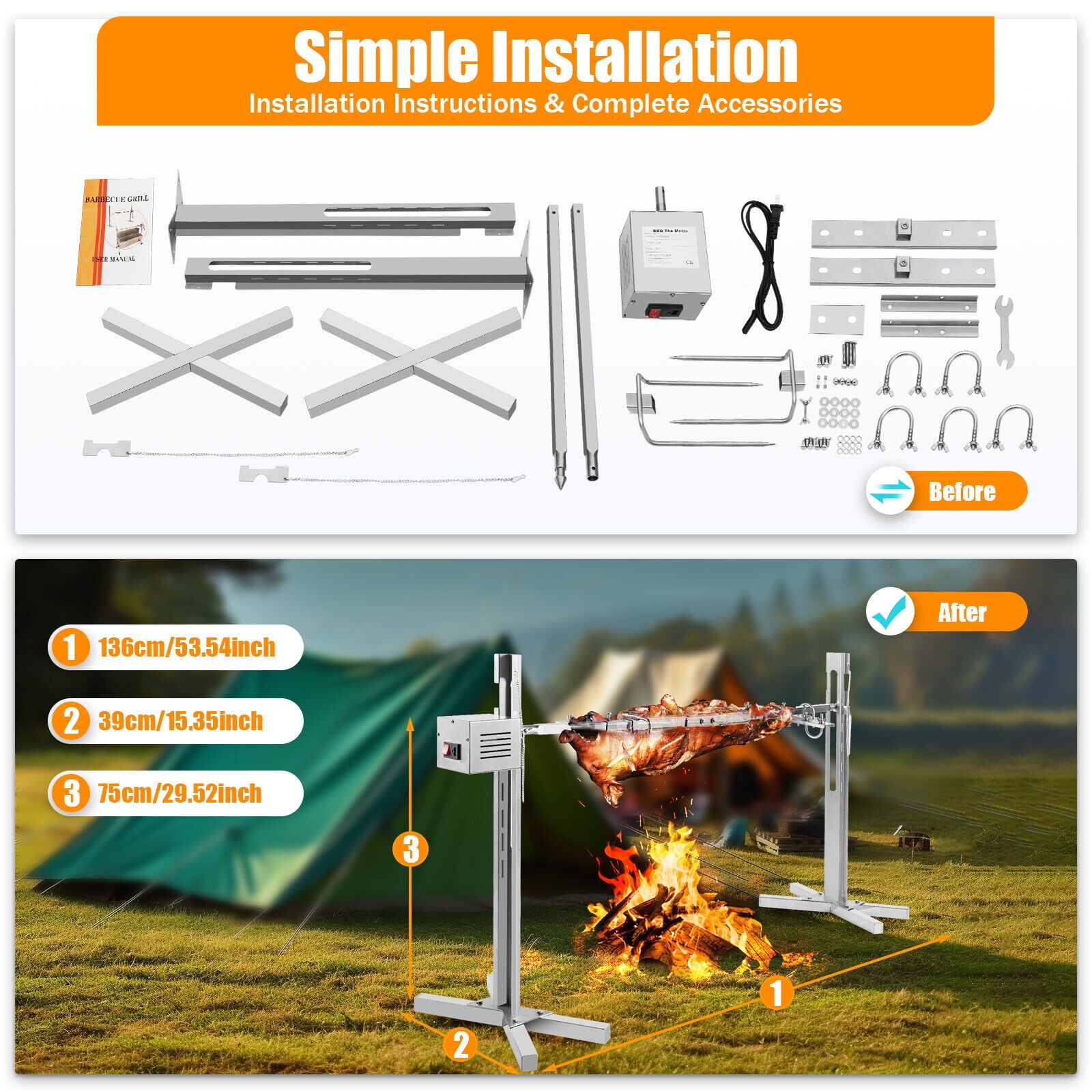 25W Stainless Steel BBQ Spit Roaster Camping Rotisserie Lamb Grill Rotisserie Grill Outside