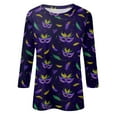 thumbnail image 6 of Mardi Gras Shirts for Women Carnival 3/4 Sleeve Holiday T Shirts Crew Neck Feathers Print Green Tunic Tops Dark Purple M, 6 of 7