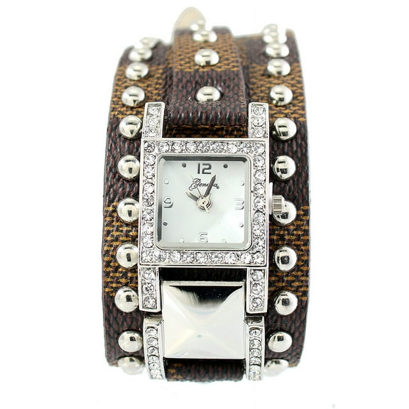 Ladies 2Tone brown leather casual clubbing watch 37mm13mm thick case. CZ bezel, Mop dial, 12mm wide 2tone brown leather strap fits 9.5 inches wrists.