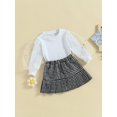 thumbnail image 4 of Kids Girl Fall Outfits Sequins Stars Moon Mesh Puff Sleeve Rib Knit Tops Elastic Waist Pleated Plaid Skirts 2Pcs Clothes Set, 4 of 9