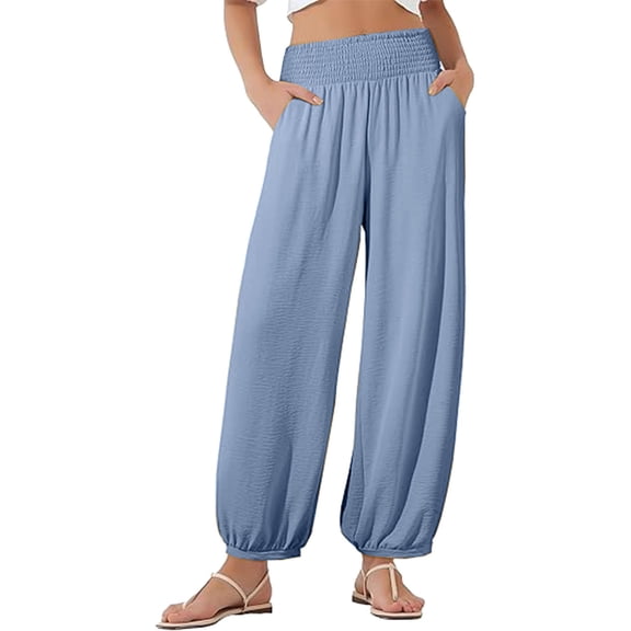 Ohufall Cotton Linen Jogger Pants for Women Fashion Solid Casual Elastic High Waist Hippie Pants Women's Loose Fit Comfy Outdoor Harem Pants