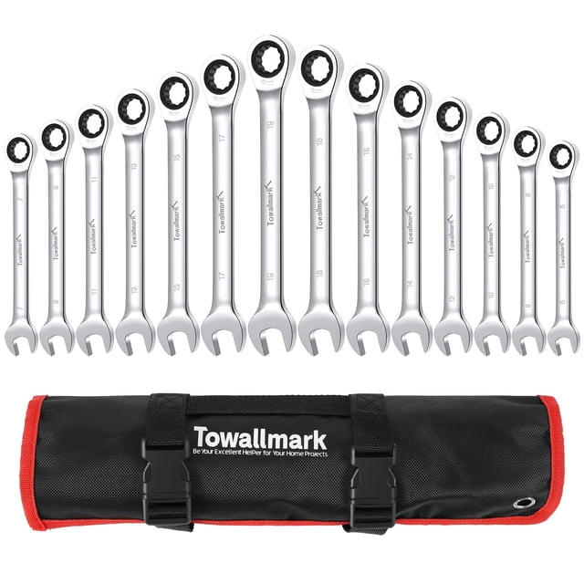 Towallmark 14 Piece Metric Ratcheting Wrench Set, 72-Tooth Chrome Vanadium Steel Wrenches, With Storage Bag, Ideal For Auto Repair Garage DIY Projects